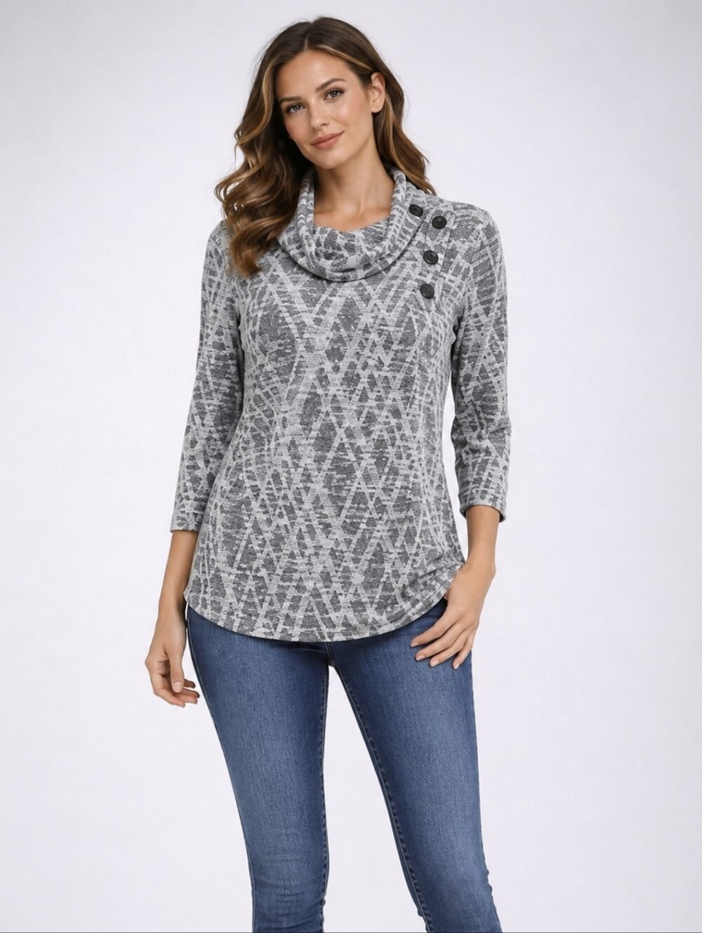 BYdesign Gray White Abstract Cowl Neck Button Top Small NWT Boutique Sweater